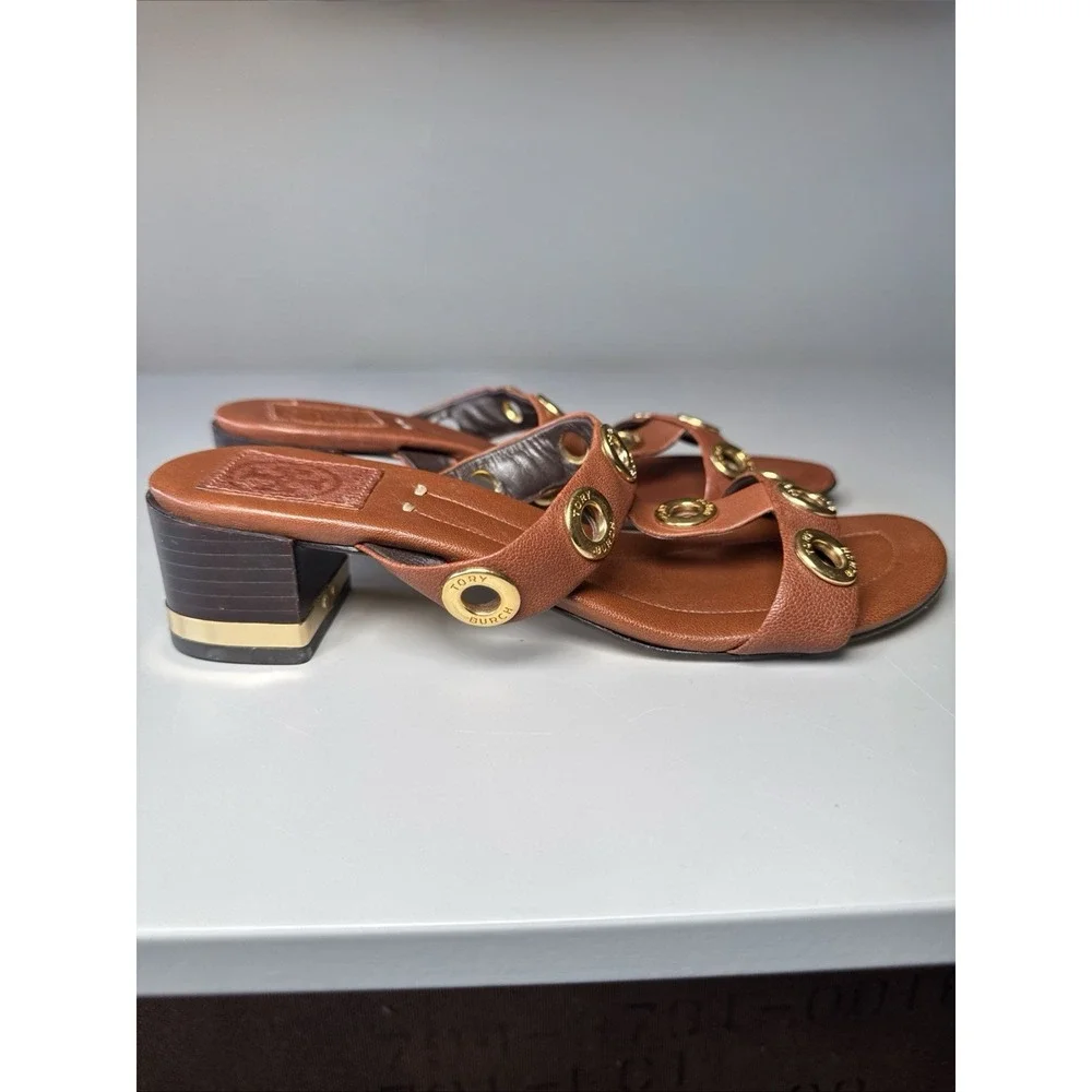 Tory Burch brown Slip On sandals Gold Trim Rivets women's 8 M